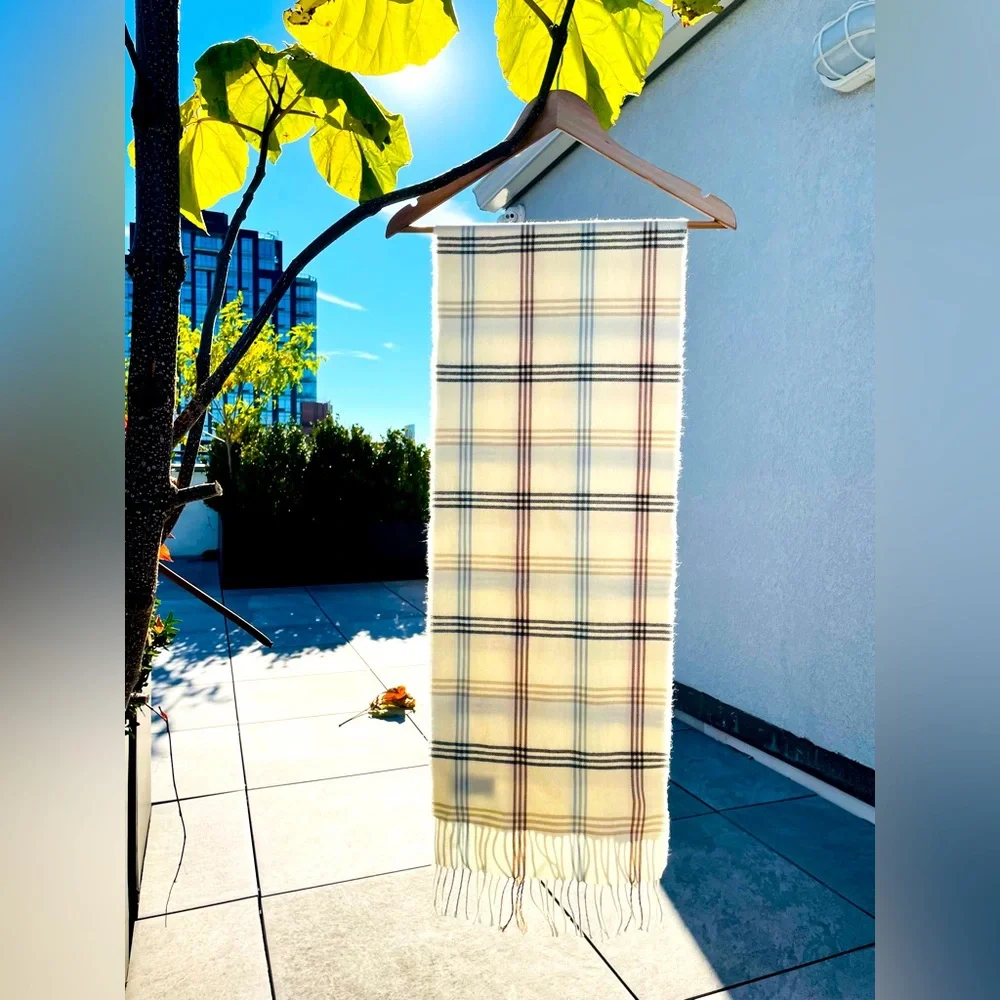 100% CASHMERE European Fringed Plaid Cream Scarf